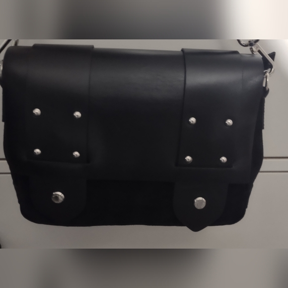 PRUNE . Black suede and bovine leather dotted snap front zipper prune purse. - Picture 12 of 15